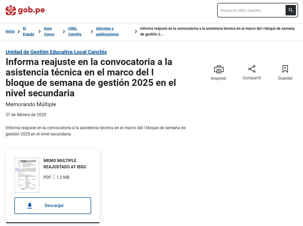 Informa reajuste en la convocatoria a la asistencia técnica en el marco del I bloque de semana de gestión 2025 en el nivel secundaria